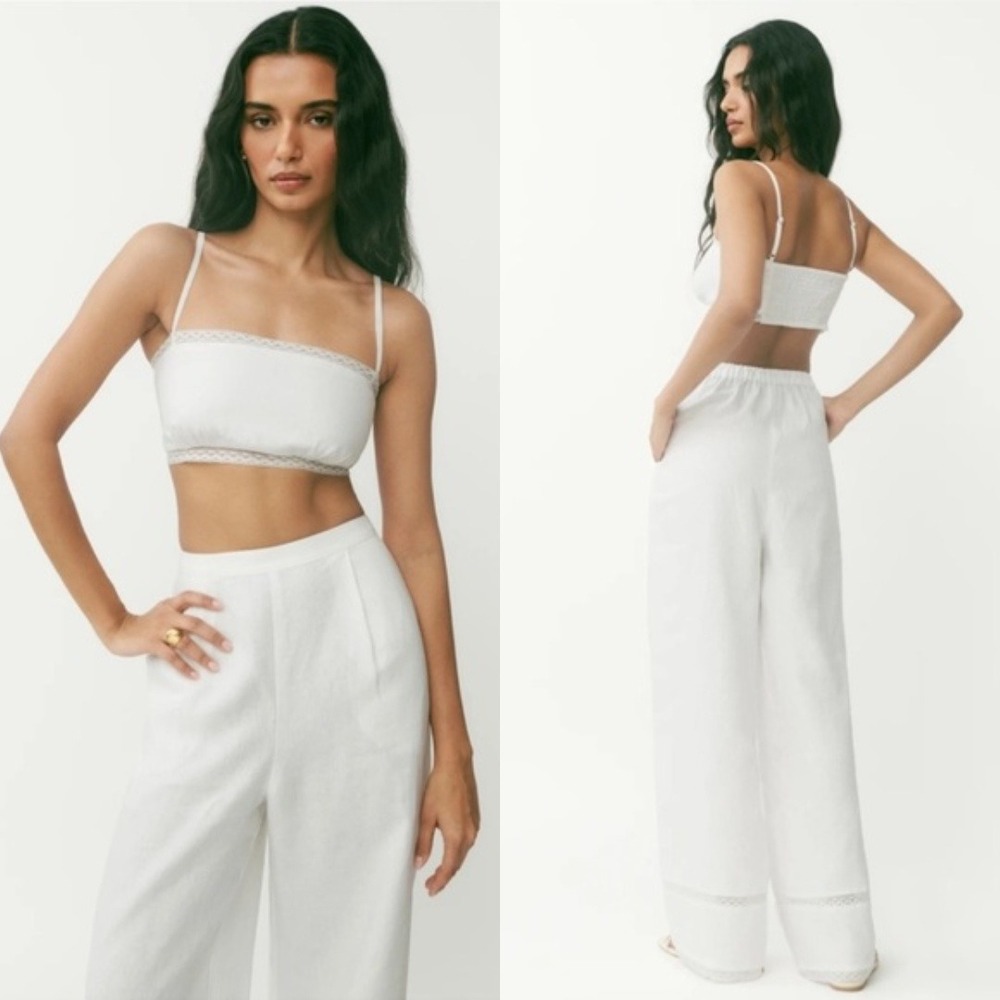 Reformation | Violet 100% Linen Crop Top & Wide Leg Pant Two Piece Set White - Picture 2 of 10